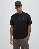 River Island Mens Polo Shirt Black Regular Fit Arm Badge Pocket Quarter Zip Top - S Regular