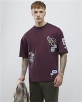 River Island Mens T-Shirt Red Boxy Fit Americana Badge Crew Neck T Shirt Tee Top - L Regular