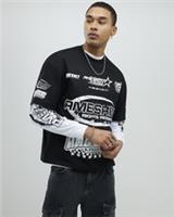 River Island Mens T-Shirt Black Ame Saint Double Layer Crew Neck T Shirt Tee Top - XL Regular