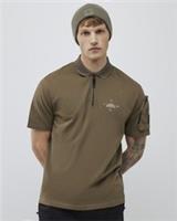 River Island Mens Polo Shirt Khaki Regular Fit Arm Badge Pocket Quarter Zip Top - M Regular