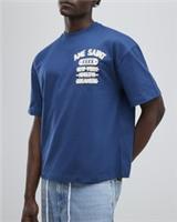 River Island Mens T-Shirt Blue Oversized Fit Ame Saint Crew Neck T Shirt Tee Top - L Regular