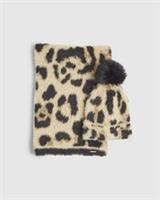 River Island Womens Hat & Scarf Set 2 Piece Beige Leopard Print Winter Warm