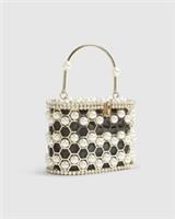 River Island Womens Clutch Bag Gold Pearl Cage Basket Grab Handle Buckled