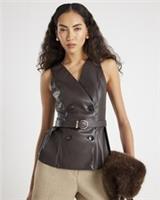 River Island Womens Waistcoat Brown Faux Leather Peplum Top Outerwear Top - 8 Regular