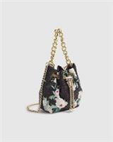 River Island Womens Clutch Bag Black Floral Diamante Bucket Drawstring Handle