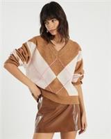 River Island Womens Jumper Brown Argyle V-Neck Knit Sweater Pullover Top - S Regular