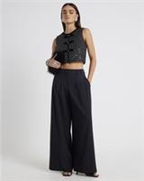 River Island Womens Top Black Boucle Sleeveless Bow Front Round Neck Blouse - 14 Regular