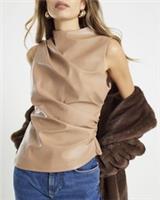 River Island Womens Top Beige Faux Leather Sleeveless Ruched Side Button Blouse - M Regular