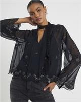 River Island Womens Blouse Black Long Sleeve Chiffon Cutwork V-Neck Top - 12 Regular