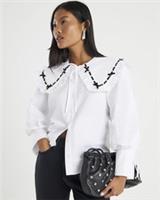 River Island Womens Shirt Petite White Poplin Ribbon Trim Collar Long Sleeve Top - 10 Petites