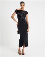 River Island Womens Midi Dress Black Velvet Drape Asymmetric Neck Sleeveless - S Regular