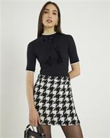 River Island Womens Top Black Short Sleeve Ribbed Bow Neck Short Sleeve Blouse - L Regular