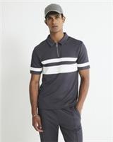 River Island Mens Polo Shirt Grey Slim Fit Pique Colour Blocked Quarter Zip Top - S Regular