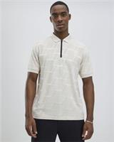 River Island Mens Polo Shirt Beige Slim Fit Geometric Collared Quarter Zip Top - L Regular