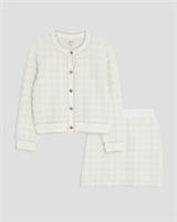 River Island Girls Cardigan & Skirt Set Cream 2 Piece Fluffy Check Button - 7-8 Years Regular