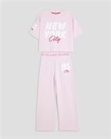 River Island Girls T-Shirt & Joggers Set Pink 2 Piece New York Graphic Wide - 5-6 Years Regular