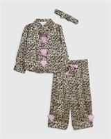 River Island Mini Girls Pyjamas Set Brown 3 Piece Leopard Nightwear Sleepwear - 4-5 Years Regular