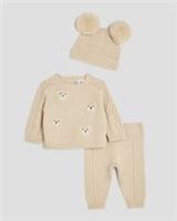 River Island Baby Jumper And Hat Set Beige Bear 3 Piece Crew Neck Graphic Print - 9-12 Months Regular