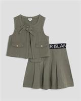River Island Girls Gilet & Skirt Set Khaki 2 Piece RI Waistband Buttoned - 9-10 Years Regular