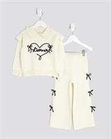River Island Mini Girls Top & Trousers Set Cream Knit Bow 2 Piece Collared - 12-18 Months Regular