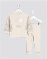River Island Mini Girls Sweatshirt & Joggers Set Beige Sequin Hybrid 2 Piece - 2-3 Years Regular