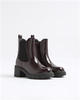 River Island Girls Chelsea Boots Red Patent Heel Round Toe Heart Branding Shoes