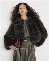 River Island Womens Jacket Brown Cropped Faux Fur Long Sleeve Outerwear Top - M Regular