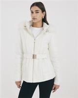 River Island Womens Padded Coat Cream Slim Faux Fur Hooded Outerwear Top - 14 Regular