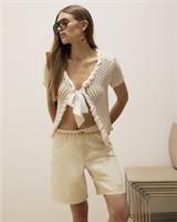 River Island Womens Cardigan Cream Crochet Bow Front Tie Short Sleeve Jumper Top - S Regular