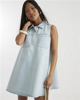 River Island Womens Shirt Dress Petite Blue Denim Sleeveless Collared Popper - 8 Petites
