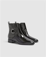 River Island Womens Boots Black Patent Low Block Heel Buckle Round Toe Shoes