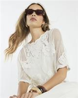 River Island Womens Top Cream Mesh Short Sleeve Embroidered Round Neck Blouse - S Regular