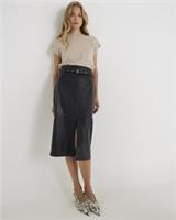 River Island Womens Midi Skirt Black Faux Leather Fabric Belted Zip Bottom - 14 Regular
