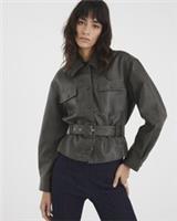 River Island Womens Shacket Khaki Faux Leather Belted Long Sleeve Collared Top - 12 Regular