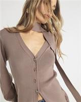 River Island Womens Cardigan Brown Knitted Tie Neck Button Fastening Jumper Top - M Regular