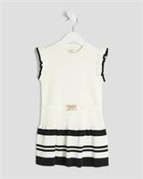 River Island Mini Girls Dress Cream Belted Ruffle Hem Round Neck Stripe Print - 2-3 Years Regular