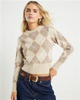 River Island Womens Argyle Top Petite Beige Knitted Long Sleeve Jumper Sequin - L Petites