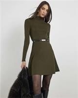 River Island Womens Mini Dress Green Knitted Belted Long Sleeve Roll Neck - M Regular
