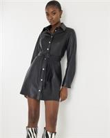 River Island Womens Mini Shirt Dress Black Faux Leather Belted Collared Popper - 6 Regular