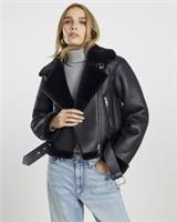 River Island Womens Aviator Jacket Black Belted Crop Lapel Collar Outerwear Top - 12 Regular