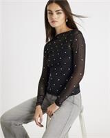 River Island Womens Top Black Mesh Long Sleeve Studded Round Neck Blouse - M Regular