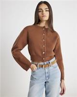 River Island Womens Cardigan Brown Structured Sleeve Crew Neck Button Jumper Top - S Regular