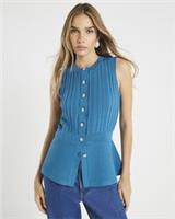 River Island Womens Peplum Top Blue Knit Sleeveless Ribbed Button Jumper - S Regular