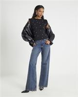 River Island Womens Top Black Knit Sleeveless Studded Fitted Crew Neck Blouse - M Regular