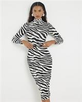 River Island Womens Midi Dress Black Knit Zebra Belted Long Sleeve High Neck - L Regular