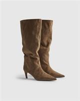 River Island Womens High Leg Boots Beige Faux Suede Heel Pointed Toe Shoes