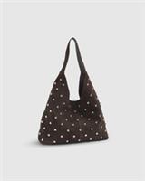 River Island Womens Slouch Shoulder Bag Brown Suede Studded Popper Fastening