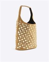 River Island Womens Bucket Shoulder Bag Brown Faux Suede Studded Popper