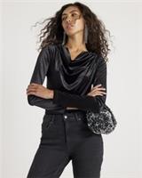 River Island Womens Bodysuit Black Velvet Long Sleeve Cowl Neck Outfit - S Regular