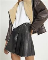 River Island Womens Mini Skirt Black Faux Leather Pleated Zip Fastening Bottom - 6 Regular